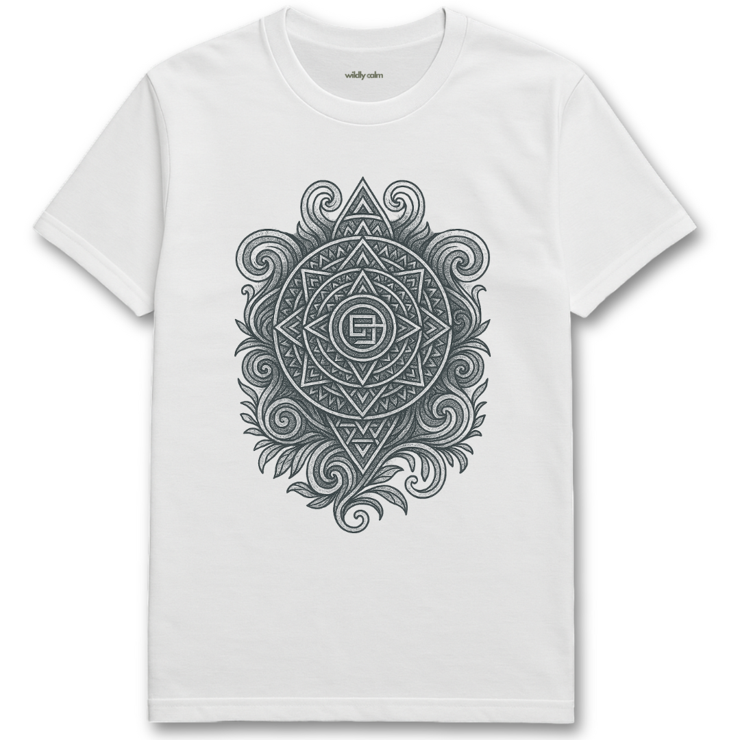 Wildly Calm_Chakra Convergence Mandala_white t-shirt with a black geometric design on a white background