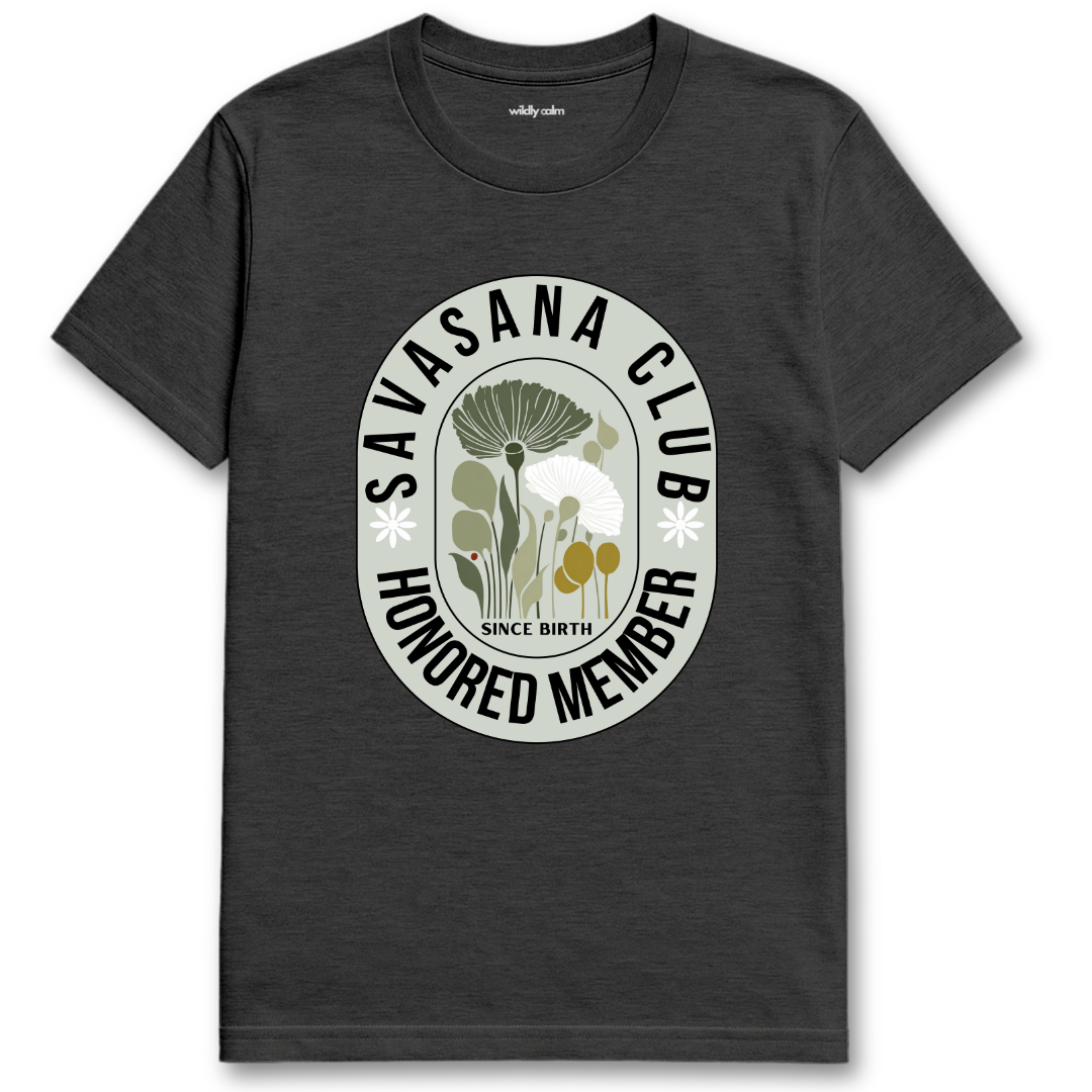 Heather Dark Grey yoga t-shirt with Savasana Club logo - Wildly Calm