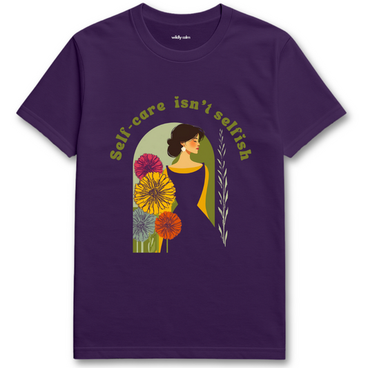 Self Care Isn't Selfish purple yoga t-shirt with a graphic of a woman surrounded by flowers and the text 'Self-care isn't selfish'. - wildly calm