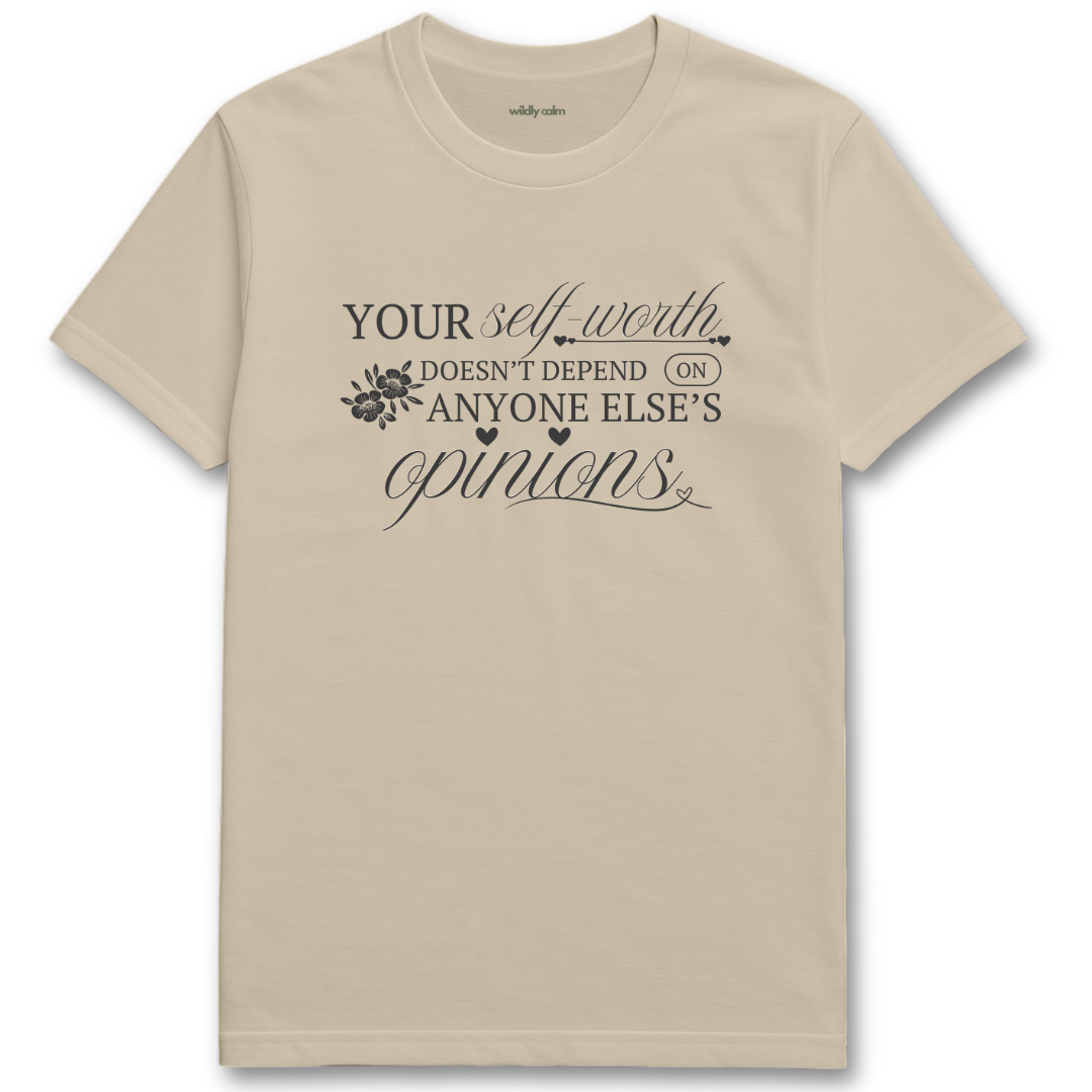 Self Worth sand yoga t-shirt with motivational quote on a white background - wildly calm