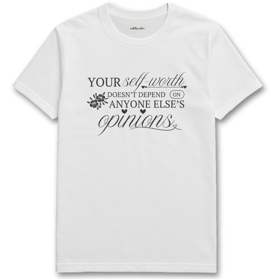 Self Worth White yoga t-shirt with motivational quote on a white background - wildly calm