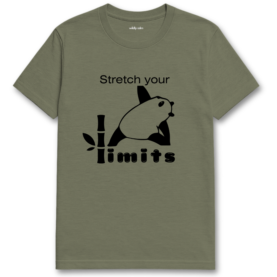 Heather military Green t-shirt with a black panda graphic and text 'Stretch your limits' - wildly calm