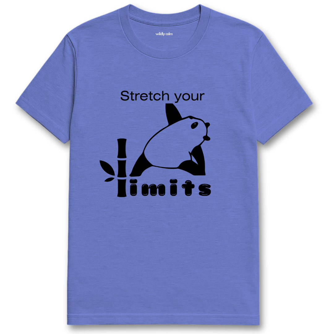 Heather royal blue t-shirt with a black panda graphic and text 'Stretch your limits' - wildly calm
