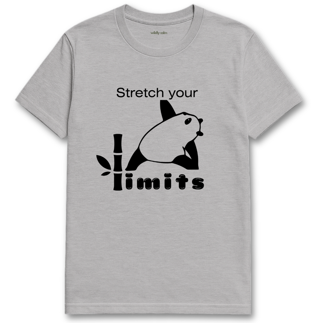 sports grey t-shirt with a black panda graphic and text 'Stretch your limits' - wildly calm
