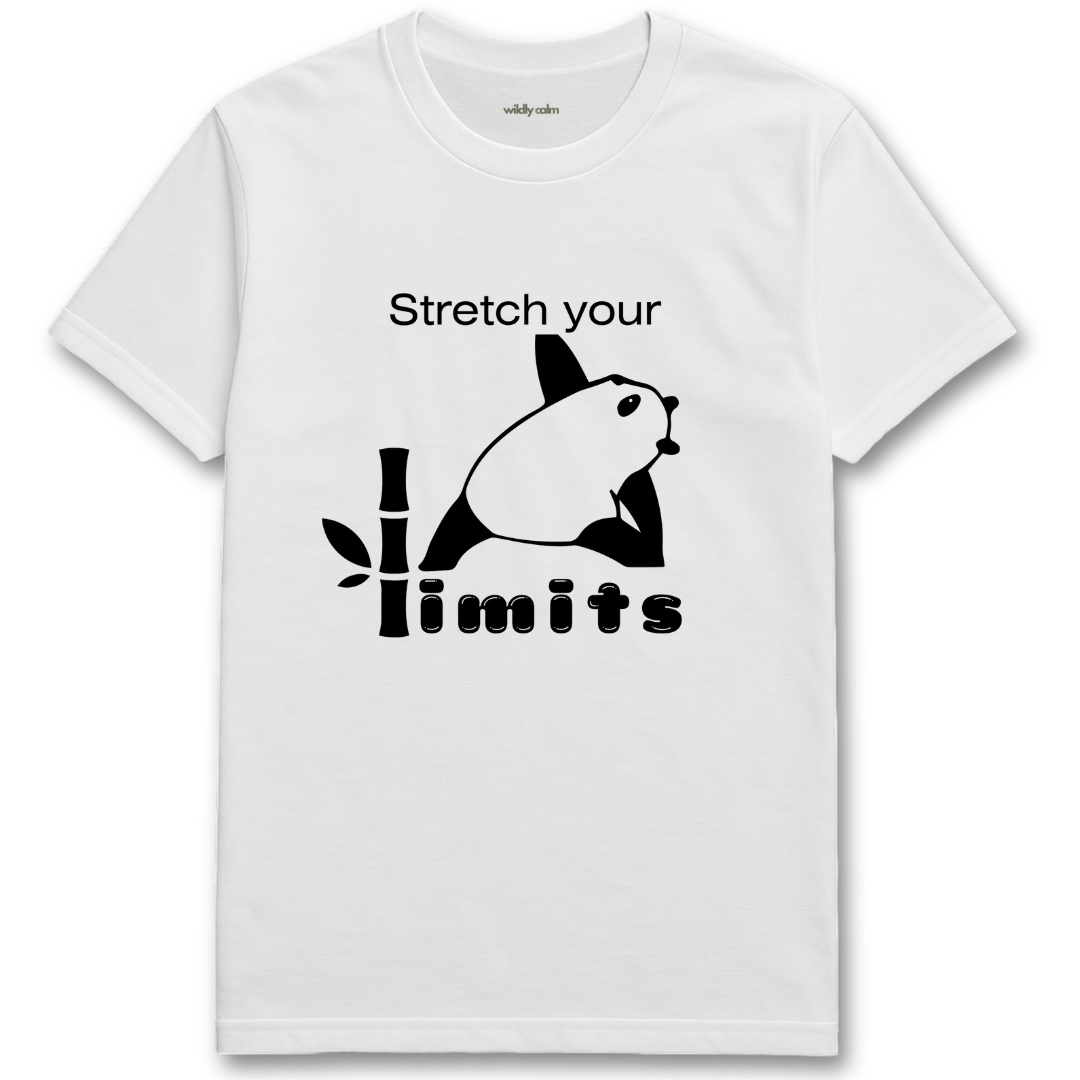 White t-shirt with a black panda graphic and text 'Stretch your limits' - wildly calm