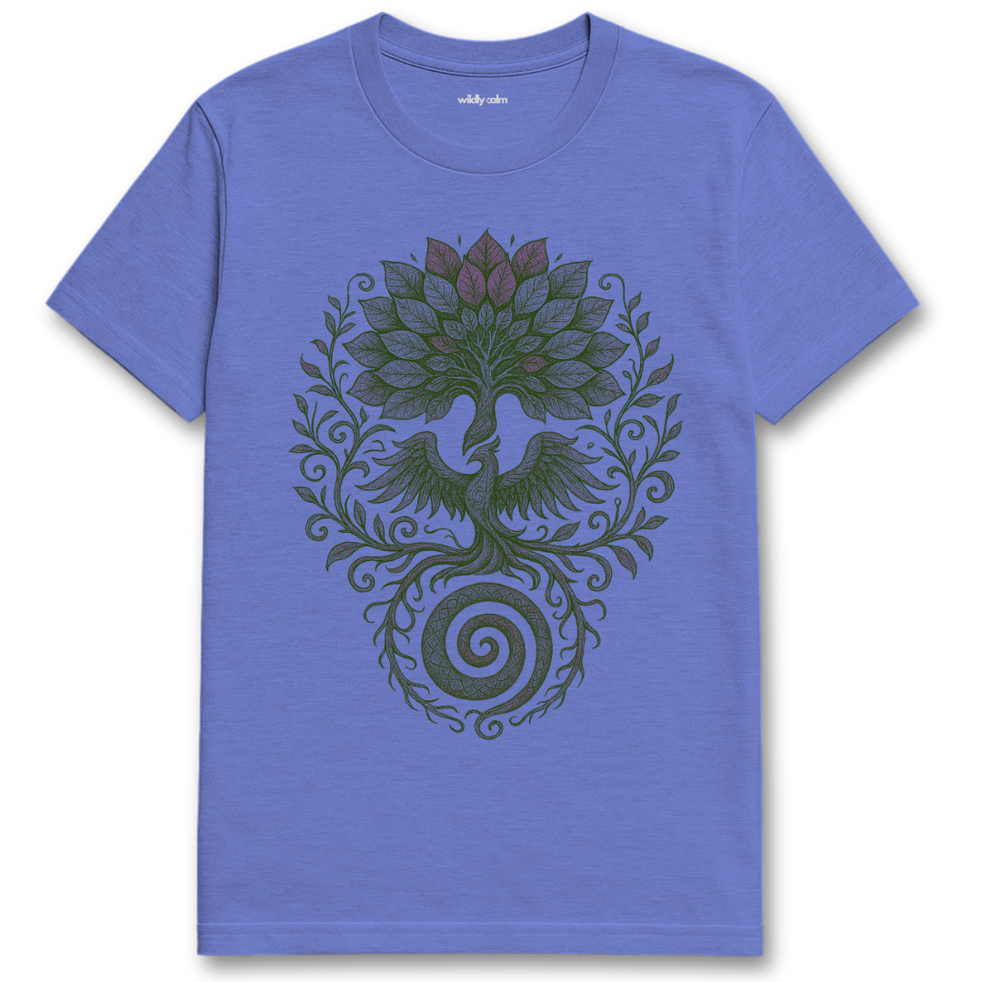 Wildly Calm_Symmetrical Tree-Bird-Spital_Heather Royal tee for Yoga