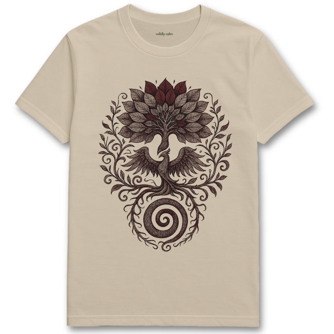 Beige t-shirt with a brown floral and bird design for Yoga