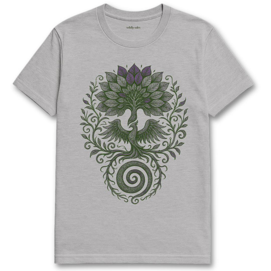 Gray t-shirt with a green and purple floral design for Yoga