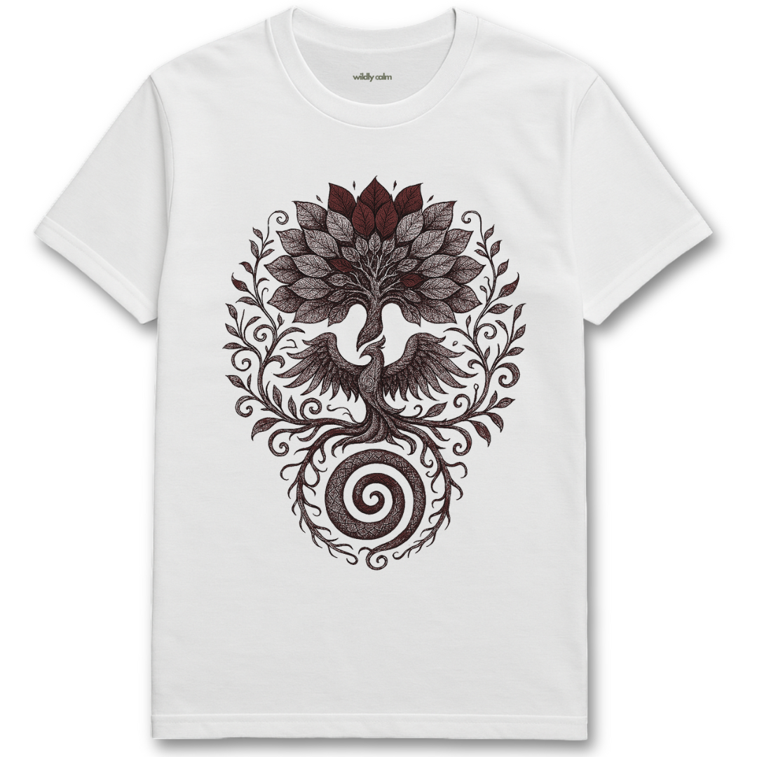 WildlyCalm_Symmetrical Tree-Bird-Spital_White tee for Yoga