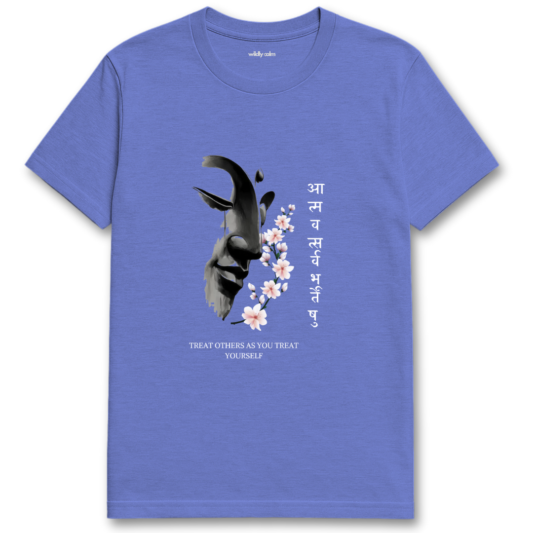 Treat Others as You Treat Yourself_Heather Royal yoga t-shirt with a black and white design of a goat and flowers, along with text - wildly calm