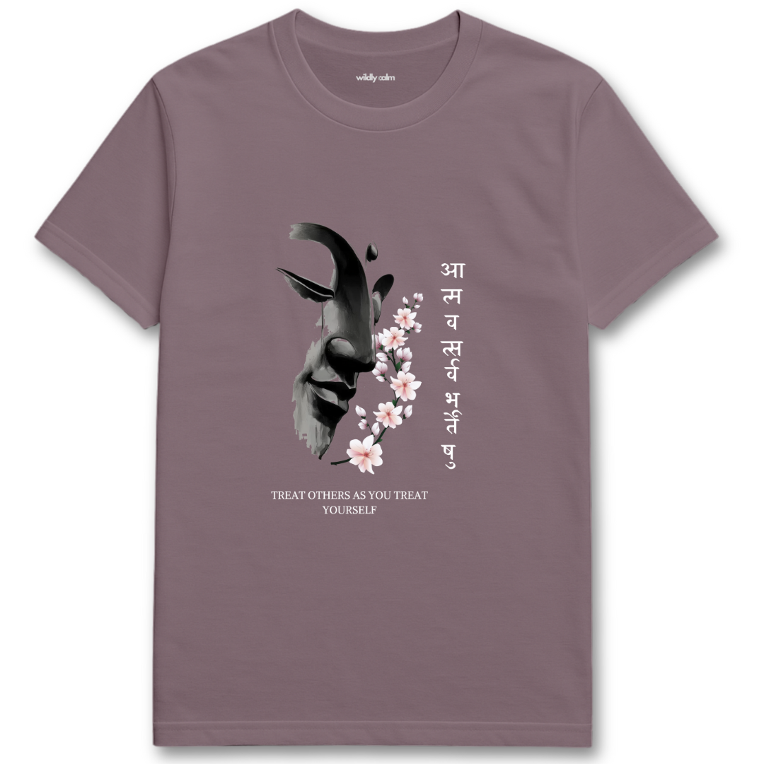 Treat Others as You Treat Yourself_paragon yoga t-shirt with a black and white design of a goat and flowers, along with text - wildly calm