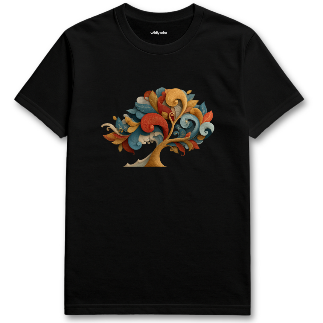 Tree Embrace_black yoga t-shirt with a colorful tree design - wildly calm