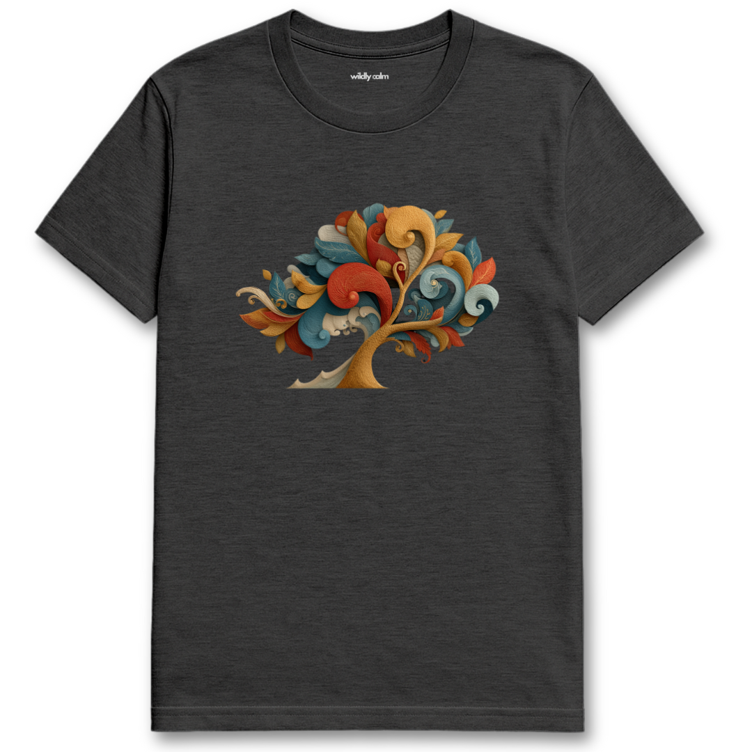 Tree Embrace_Dark Heather Grey yoga t-shirt with a colorful tree design - wildly calm