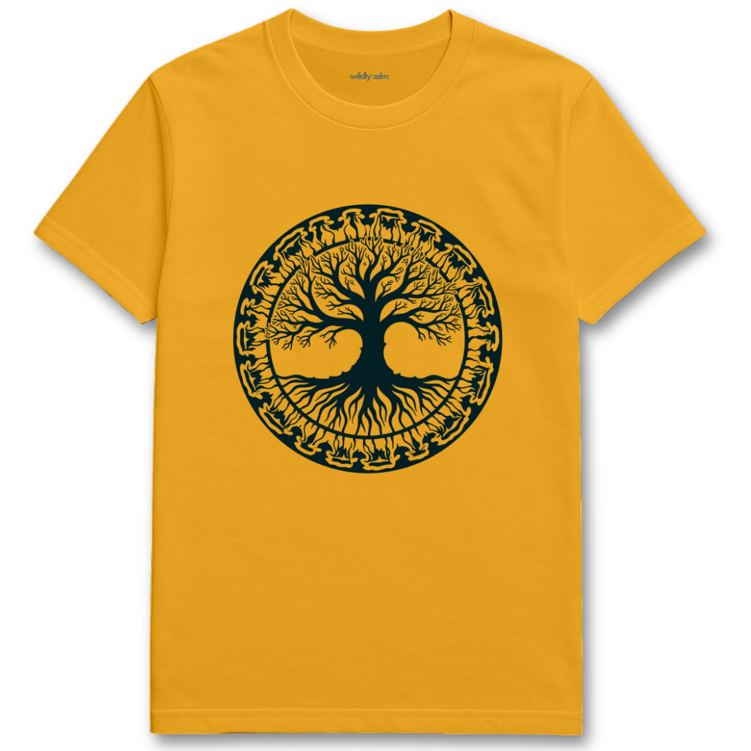 Wildly Calm_Tree Mandala_gold yoga t-shirt with a black tree design on a white background