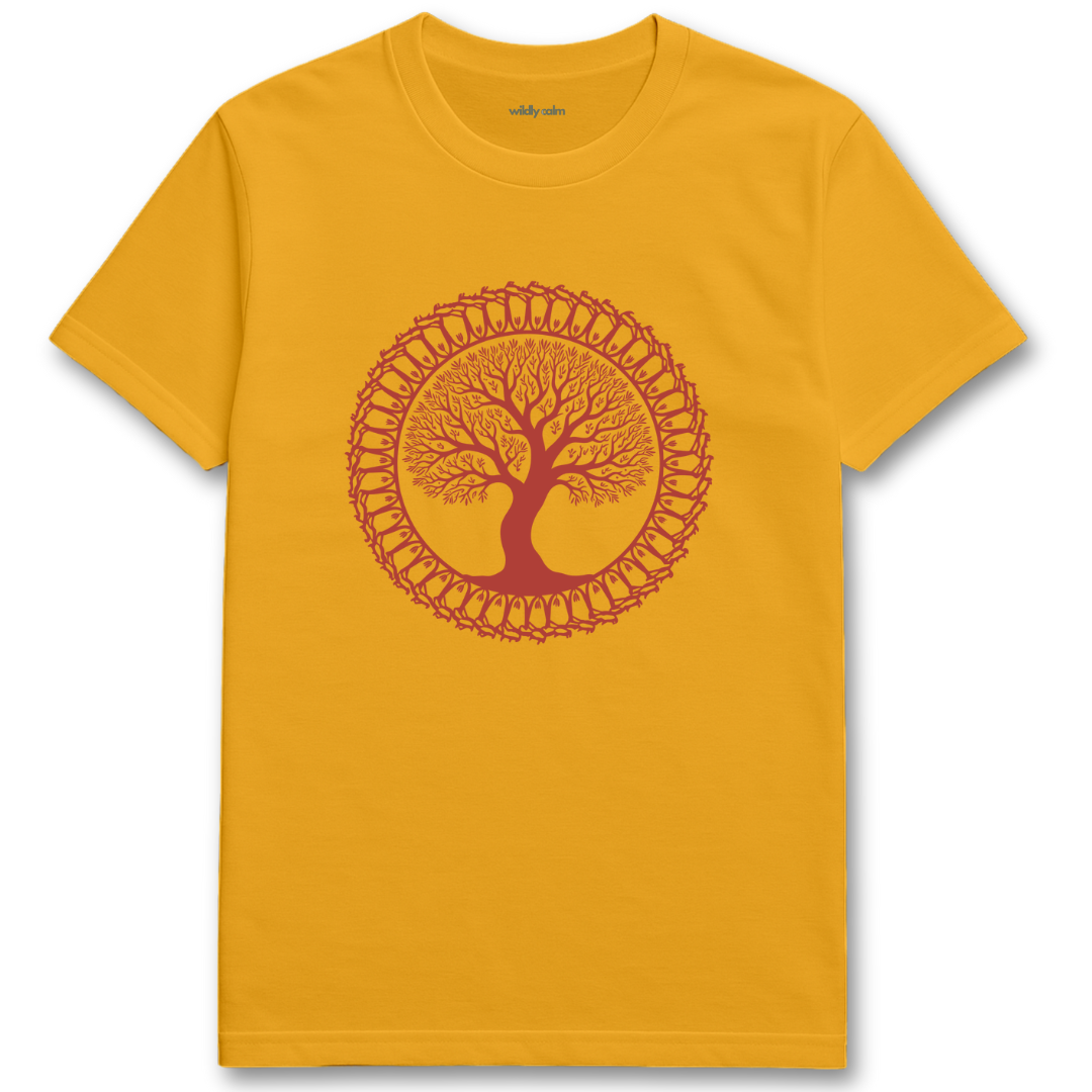 Mandala Tree_Gold yoga t-shirt with a red tree design on a white background