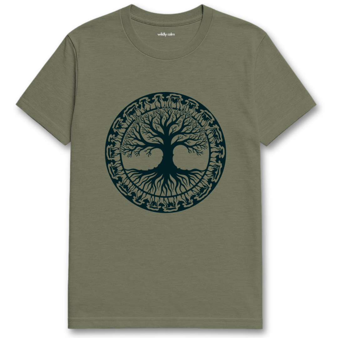 Wildly Calm_Tree Mandala_Heather Military green yoga t-shirt with a black tree design on a white background