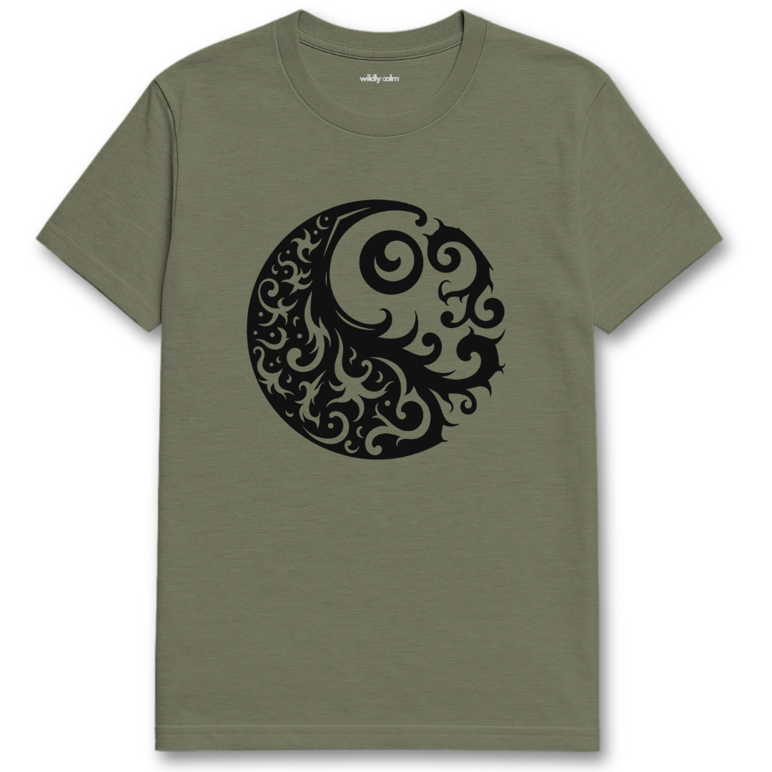 Tribal Balance_Heather military green t-shirt with a black intricate design on a white background for yoga -wildly calm