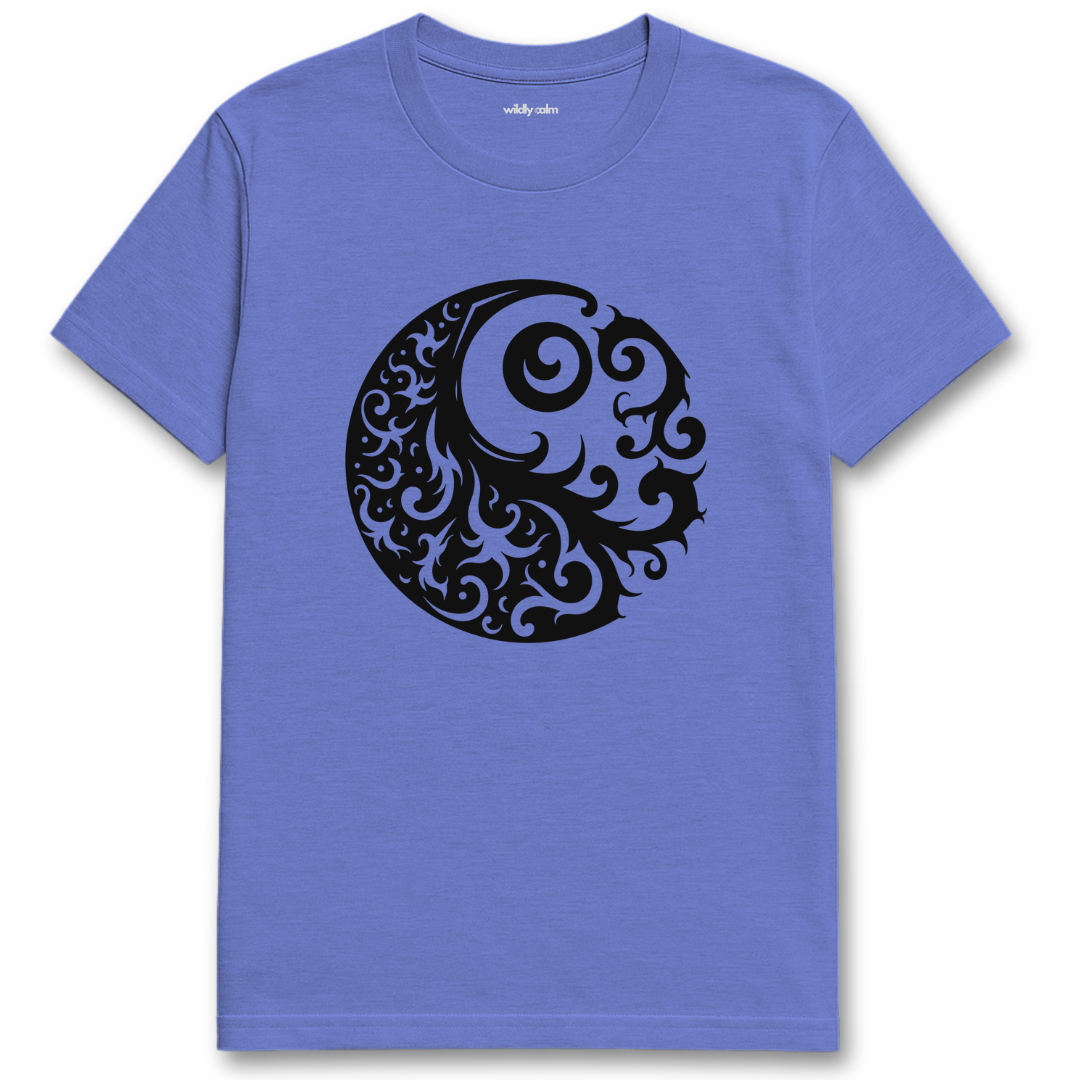 Tribal Balance_Heather Royal blue t-shirt with a black intricate design on a white background for yoga -wildly calm