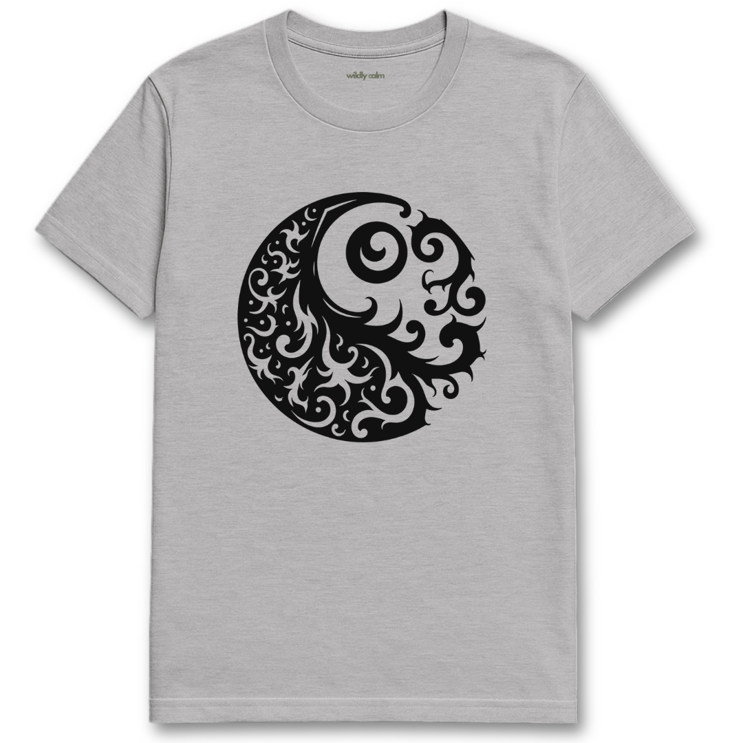 Tribal Balance_sports grey t-shirt with a black intricate design on a white background for yoga -wildly calm
