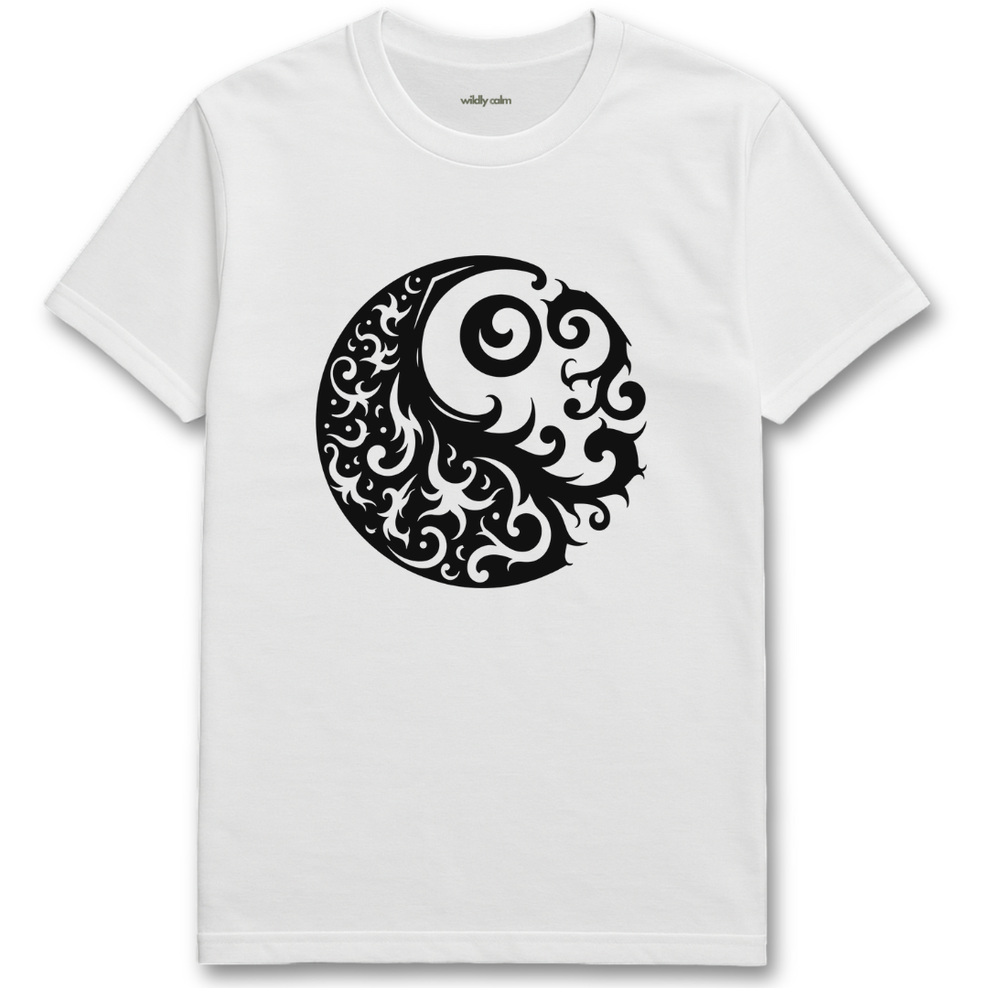 Tribal Balance_white t-shirt with a black intricate design on a white background for yoga -wildly calm
