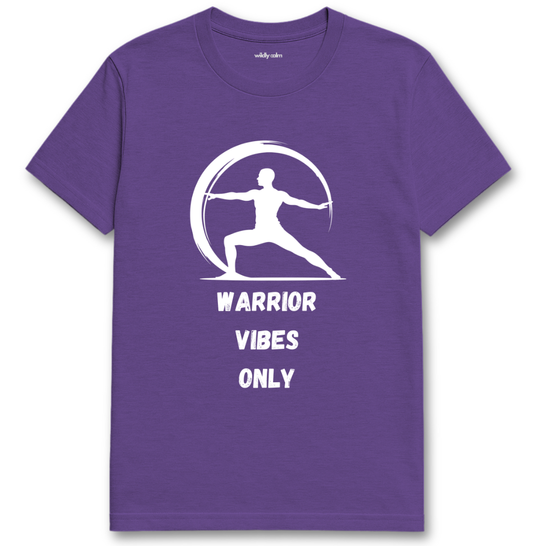 Warrior Vibes Heather Purple yoga t-shirt with a white graphic and text 'Warrior Vibes Only' - wildly calm