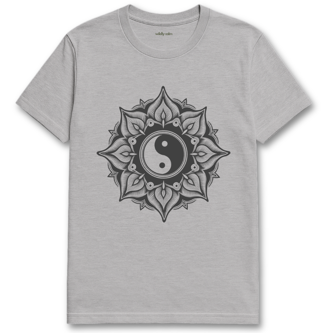 Yin-Yang Mandala_Sports Grey t-shirt with a black mandala design and yin yang symbol on a white background for yoga - wildly calm