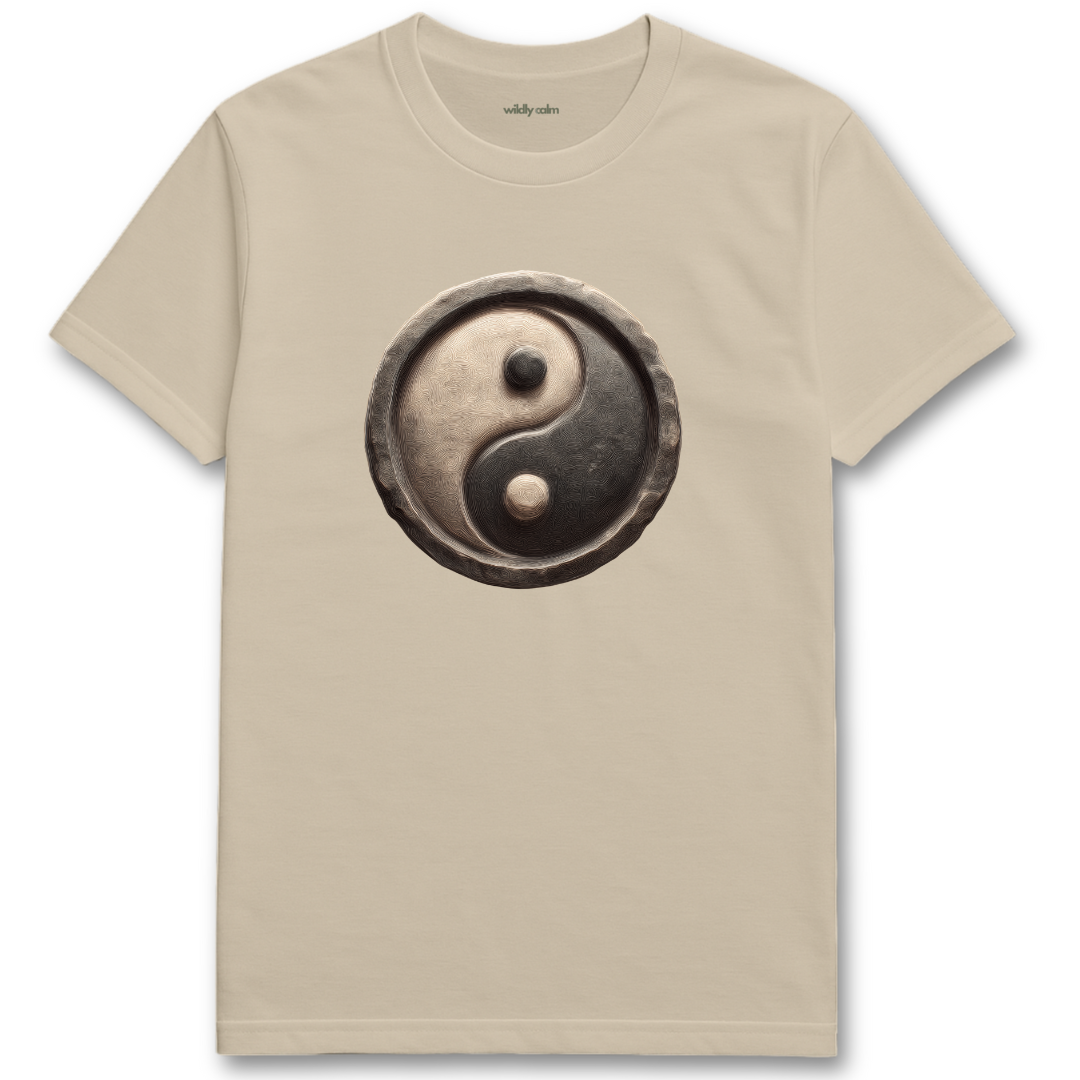 Yin-Yang Symbol_sand/ beige t-shirt with a yin yang symbol design on a white background for yoga