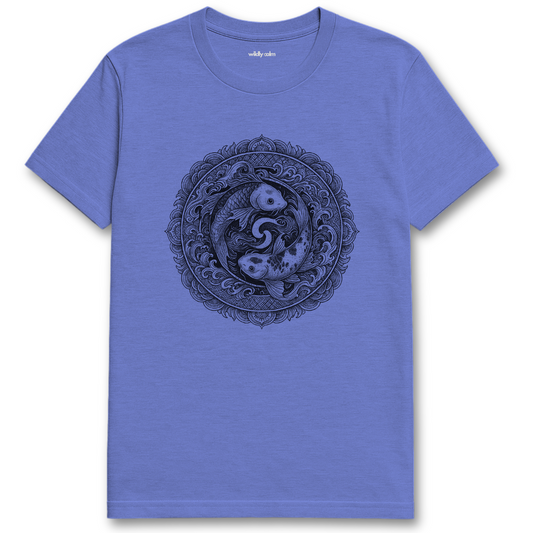 WildlyCalm_Yin-Yang of the Deep Mandala_Heather royal Blue yoga t-shirt with a decorative emblem on a white background