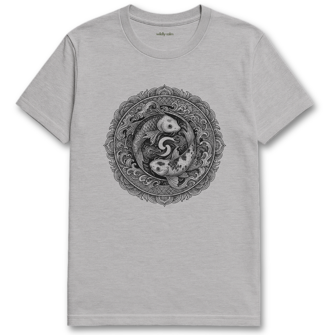 WildlyCalm_Yin-Yang of the Deep Mandala_sports grey yoga t-shirt with a decorative emblem on a white background