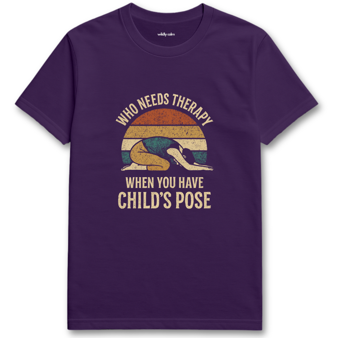 Yoga Child's Pose Humor Purple t-shirt with a graphic and text - wildly calm