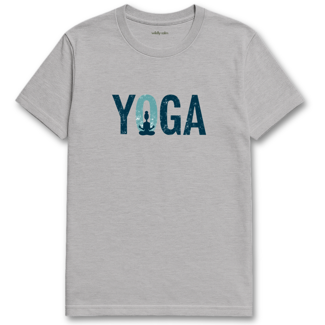 Yoga Graffiti_Sports Grey t-shirt with 'Yoga' text and silhouette graphic - wildly calm