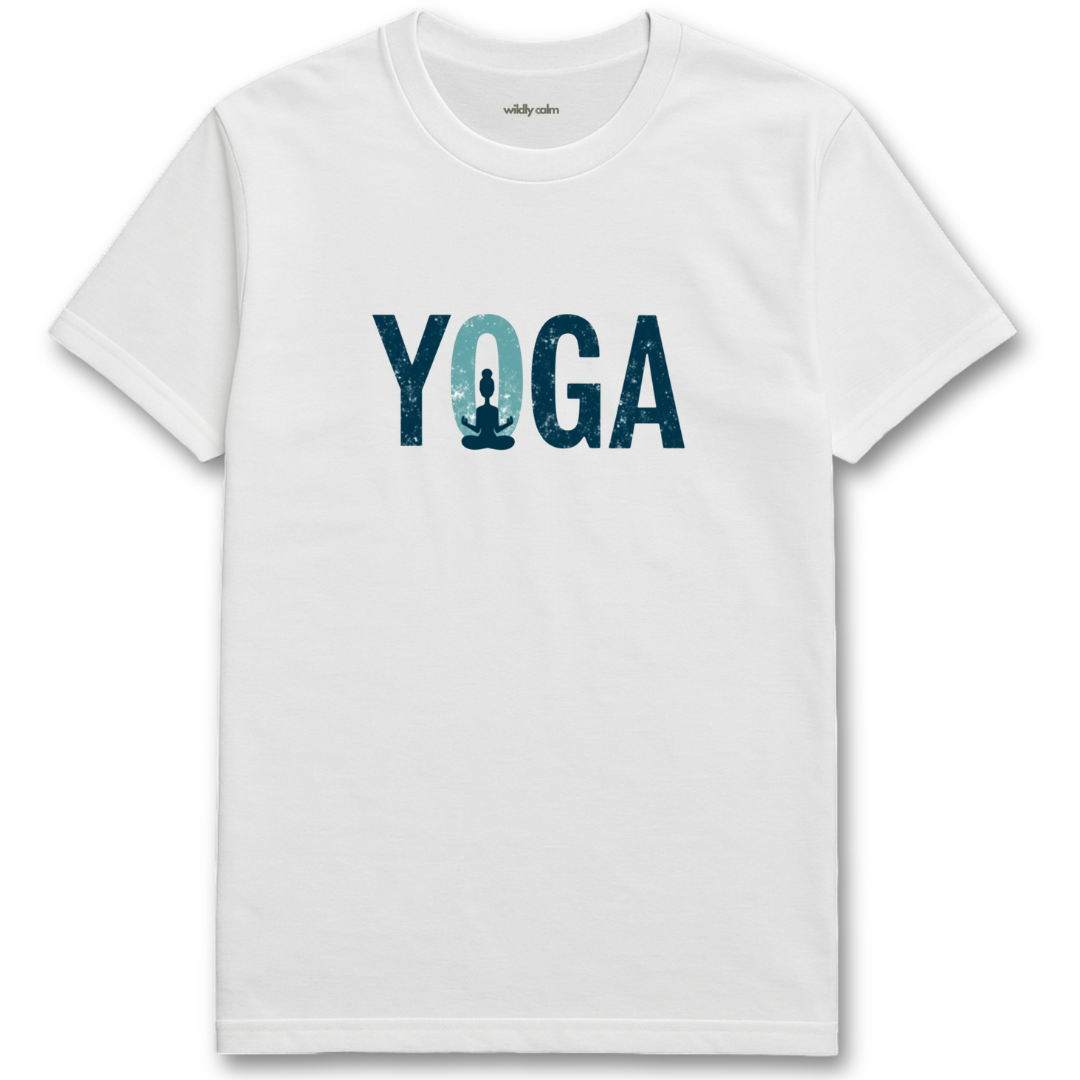 Yoga Graffiti_White t-shirt with 'Yoga' text and silhouette graphic - wildly calm