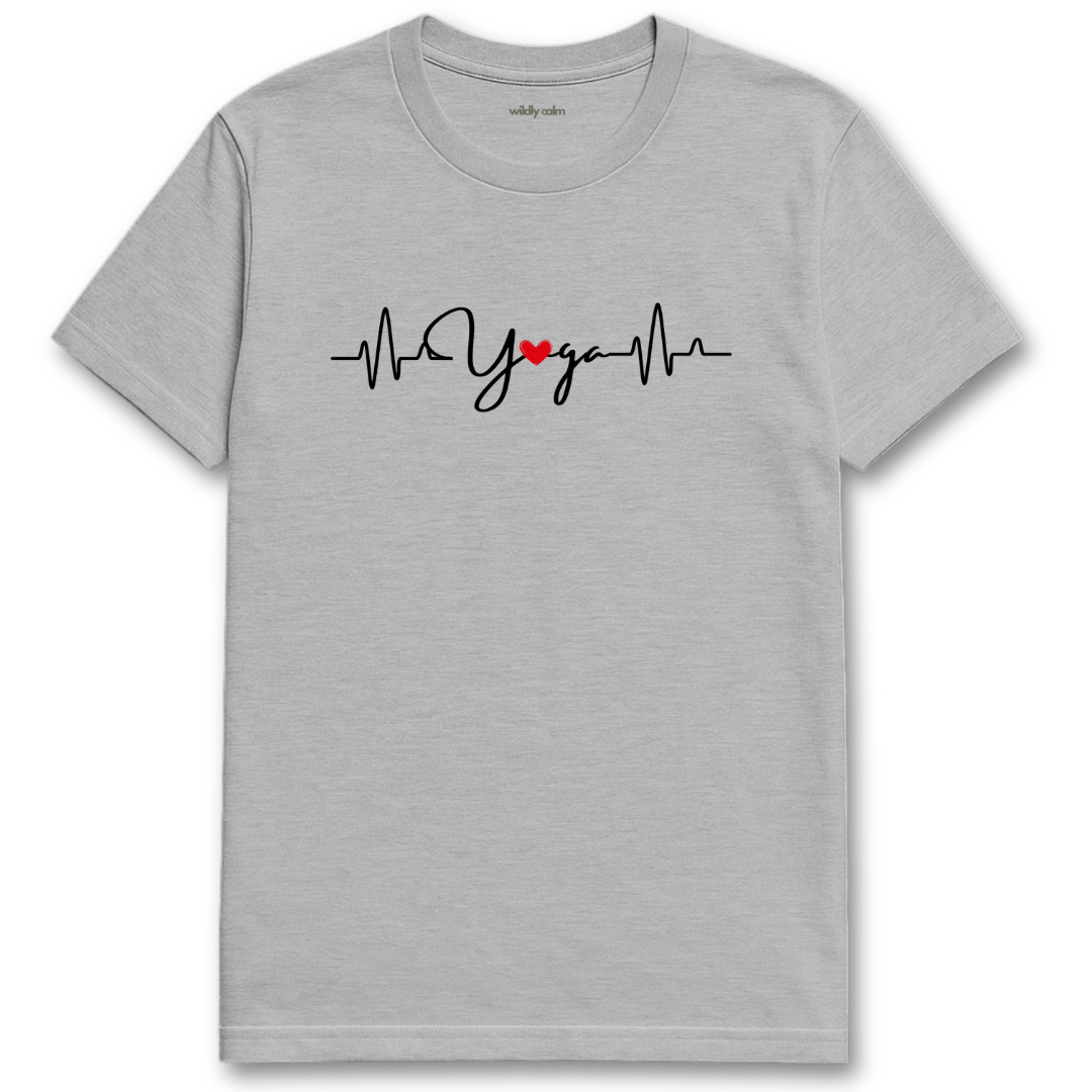 Yoga Heartbeat_sports grey t-shirt with a heart rate design - wildly calm