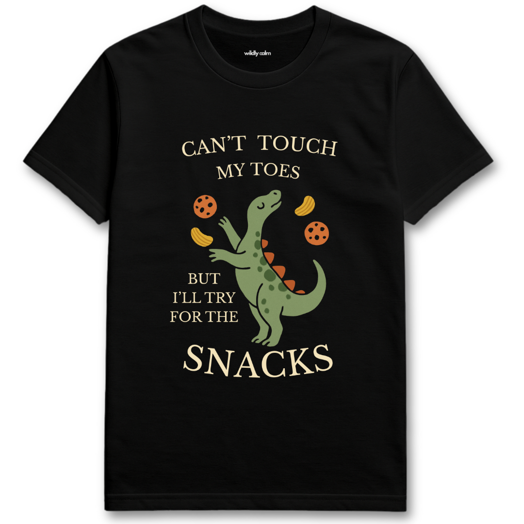 Wildly Calm_Yoga Humor with Dinosaur_Black t-shirt with a dinosaur graphic and text on a white background