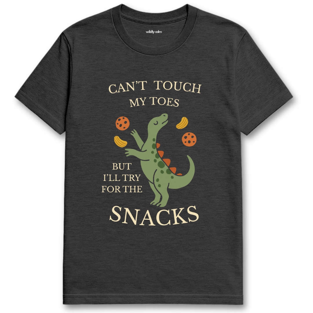 Wildly Calm_Yoga Humor with Dinosaur_Heather Dark Grey t-shirt with a dinosaur graphic and text on a white background