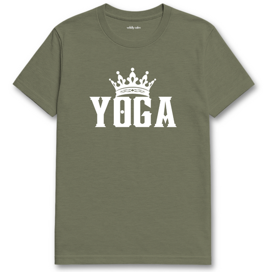 Yoga King_HeatherMilitaryGreen yoga t-shirt with 'YOGA' and a crown graphic - wildly calm