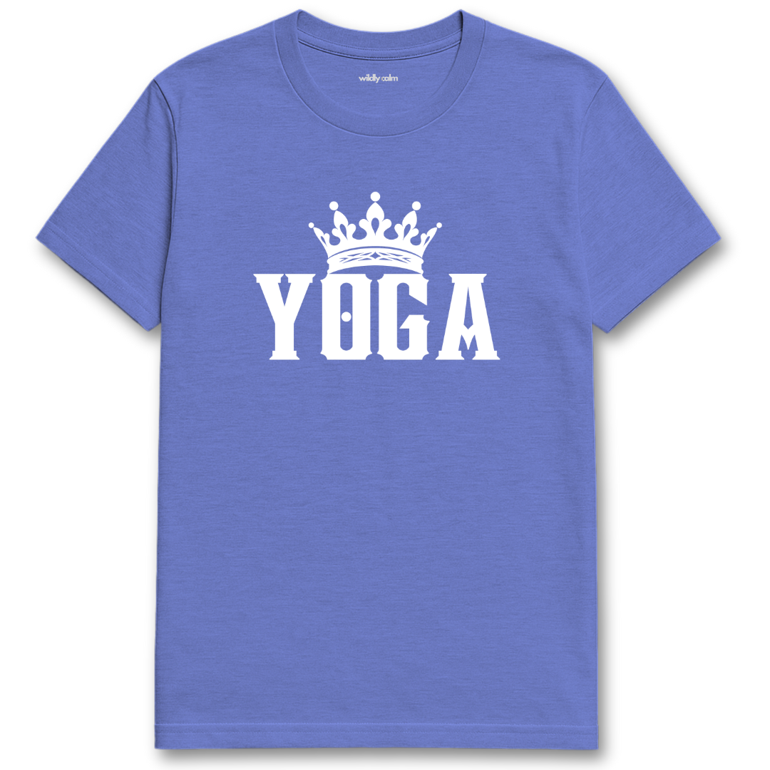 Yoga King_Heather Royal blue yoga t-shirt with 'YOGA' and a crown graphic - wildly calm