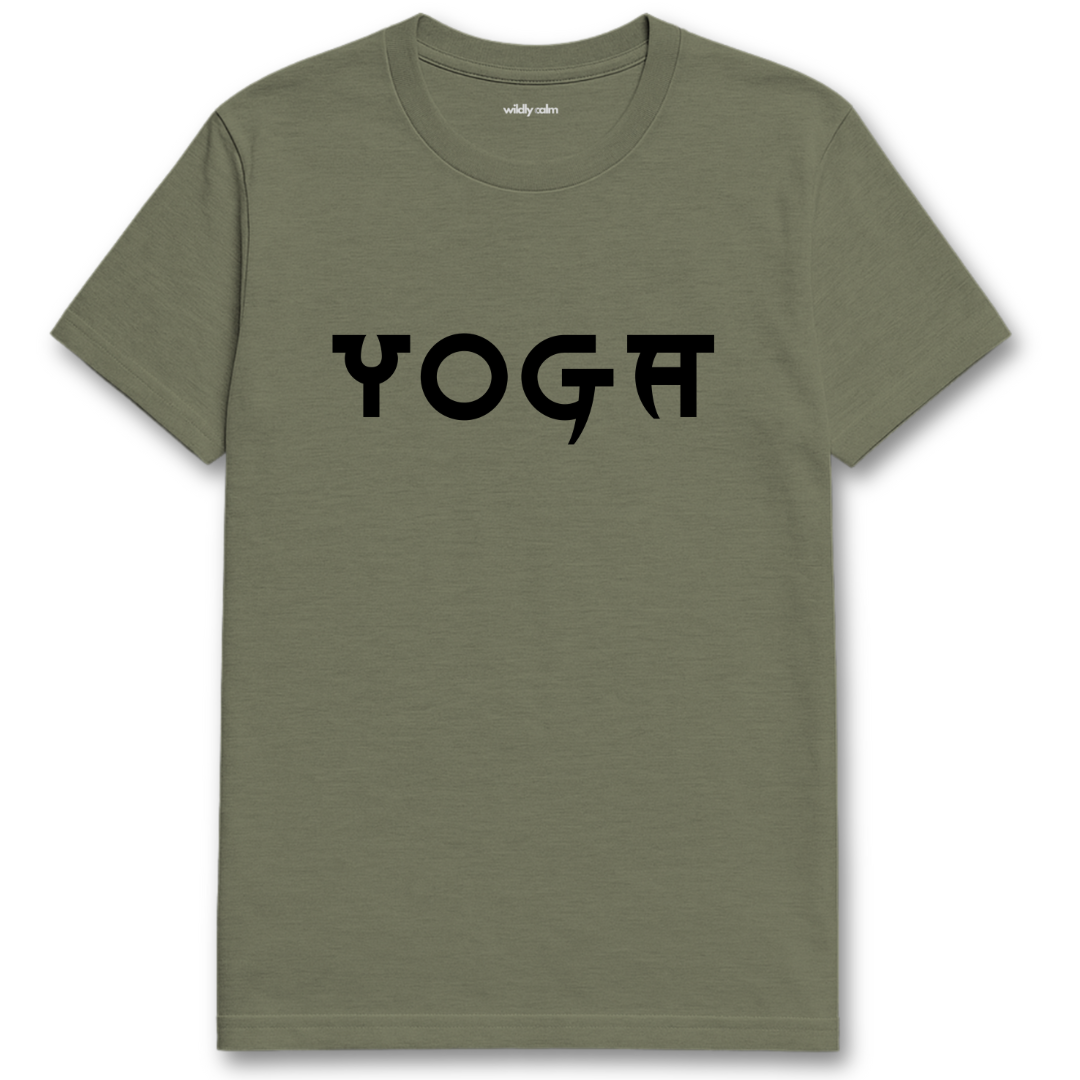 Heather military Green t-shirt with 'YOGA' printed on it against a white background -Wildly Calm