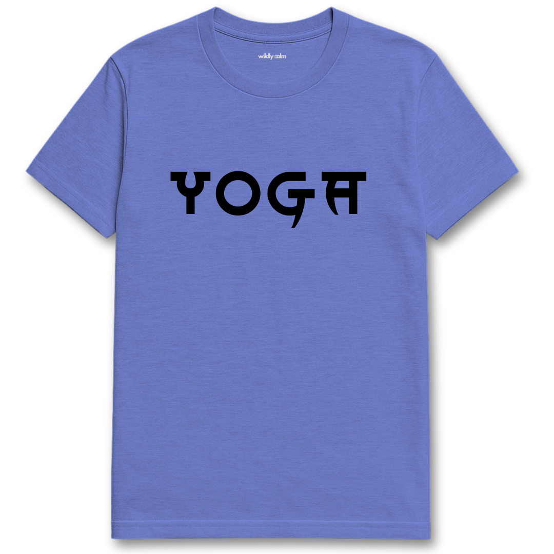 Heather royal blue t-shirt with 'YOGA' printed on it against a white background -Wildly Calm