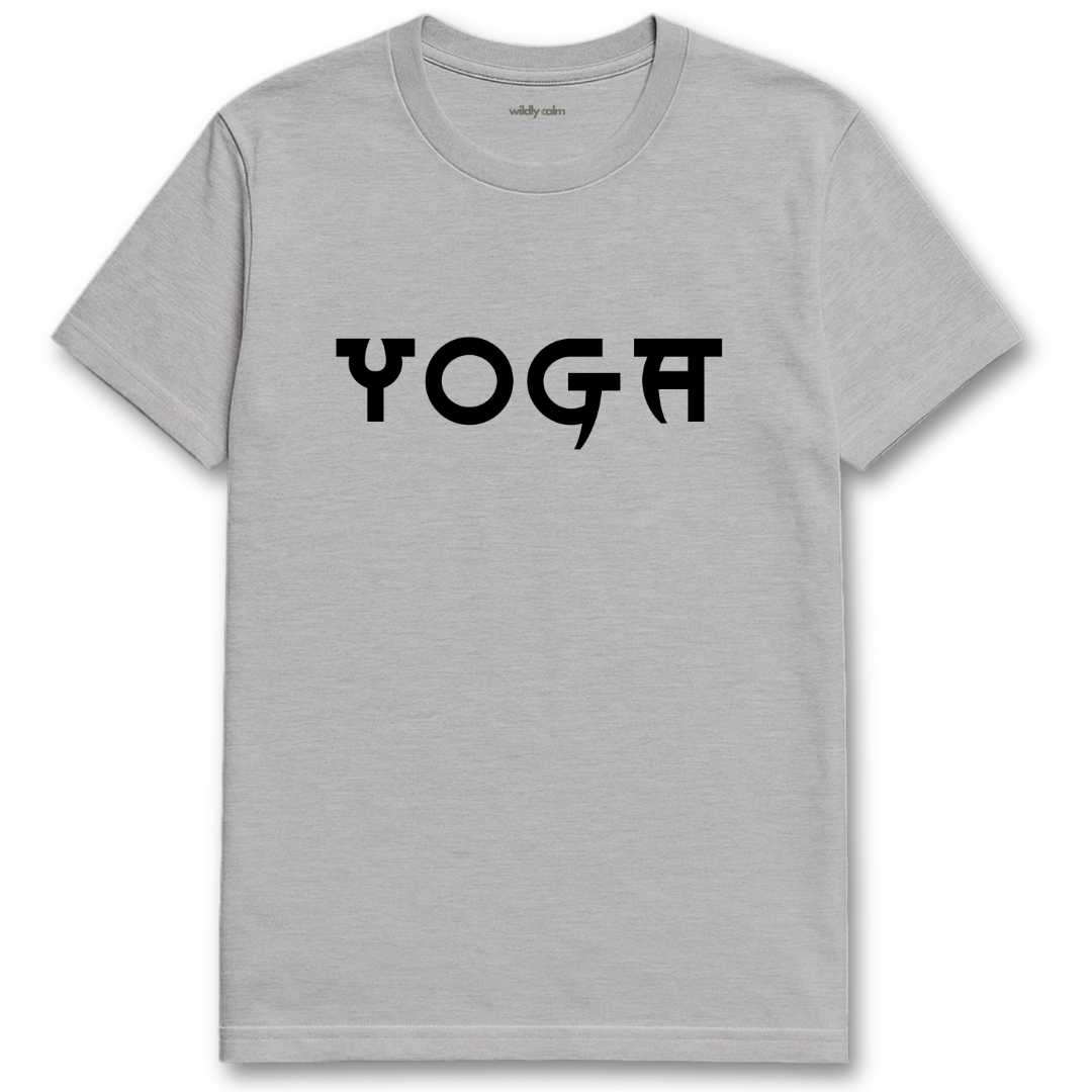 Sports Grey t-shirt with 'YOGA' printed on it against a white background -Wildly Calm