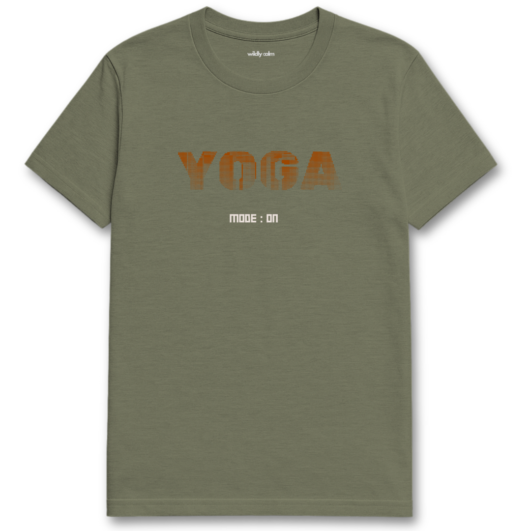 Yoga Mode On_Heather military green yoga t-shirt with 'Yoga Mode: On' text - wildly calm