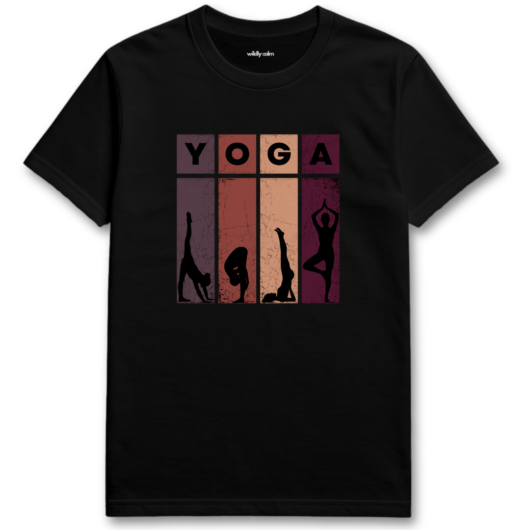 Yoga Poses Black yoga t-shirt with yoga-themed design featuring silhouettes and the word 'Yoga' -wildly calm