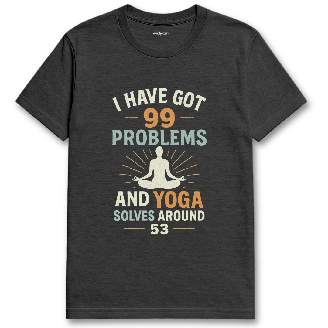Heather Dark Grey t-shirt with yoga-themed text and graphic - wildly calm