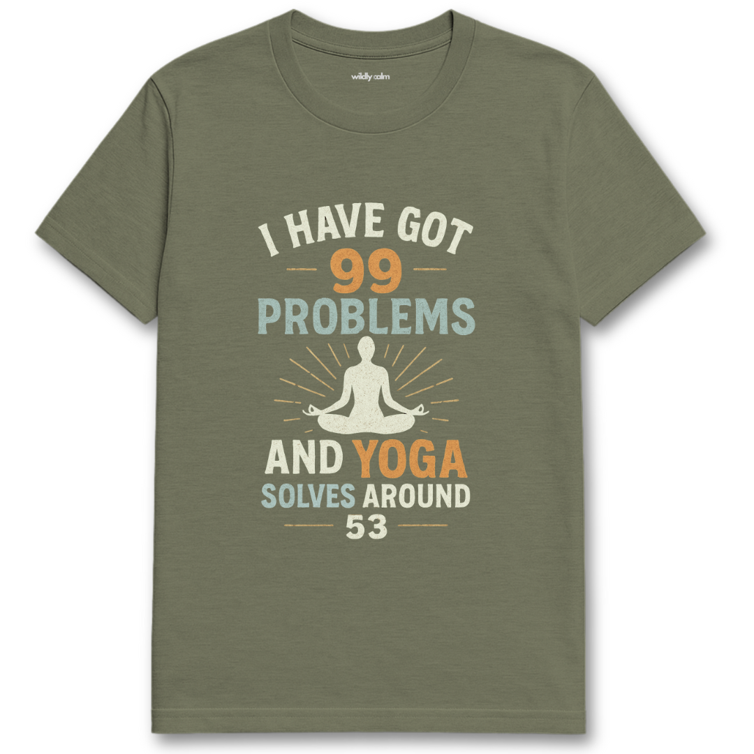 Heather Military Green t-shirt with yoga-themed text and graphic - wildly calm