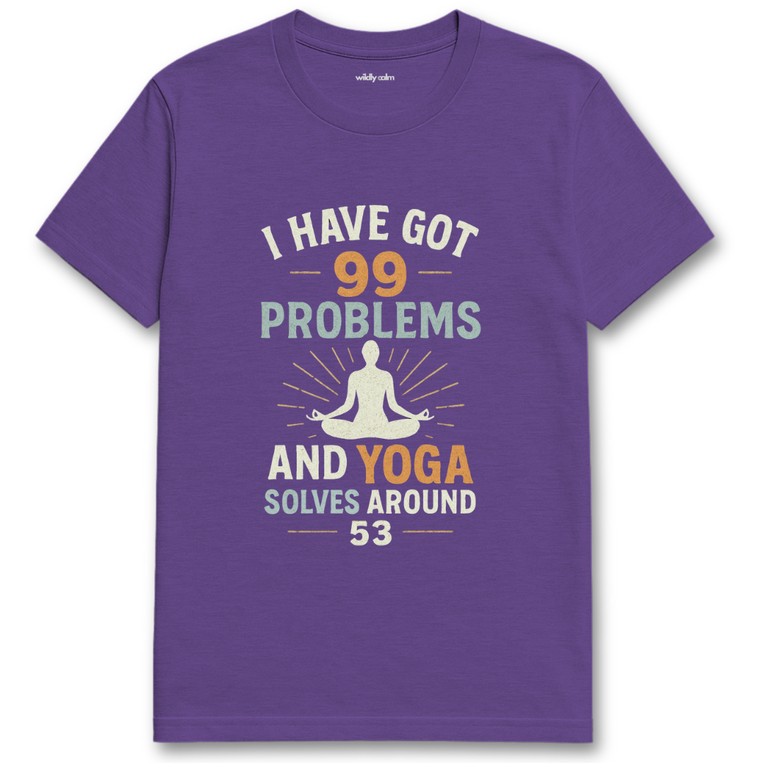Heather purple t-shirt with yoga-themed text and graphic - wildly calm