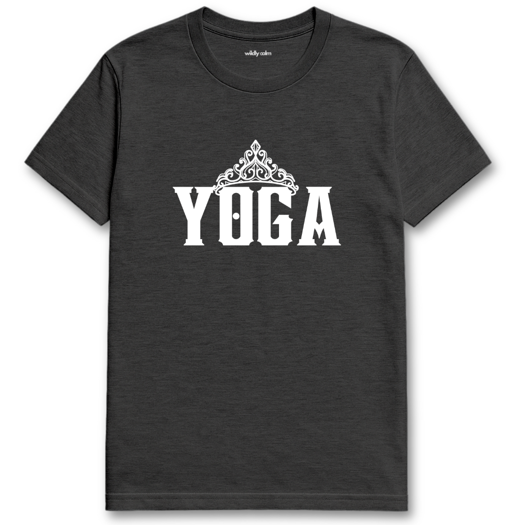 Yoga Queen Heather Dark Grey yoga t-shirt with 'YOGA' printed on it - wildly calm