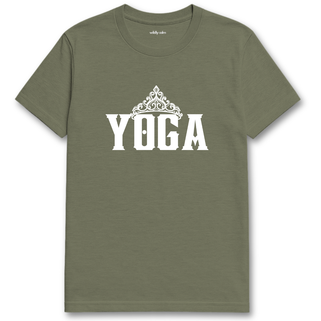 Yoga Queen Heather Military Green yoga t-shirt with 'YOGA' printed on it - wildly calm
