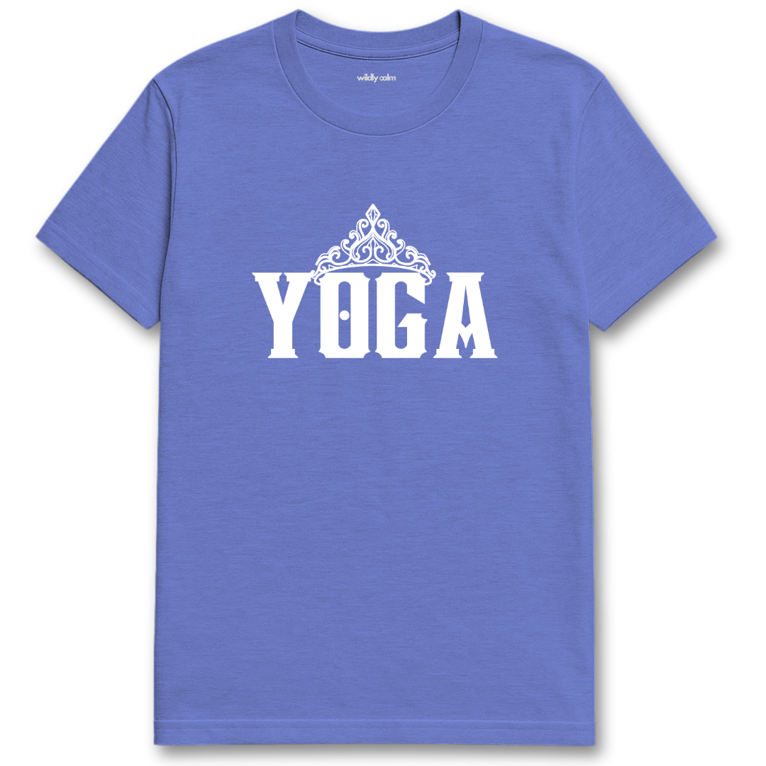 Yoga Queen Heather Royal blue yoga t-shirt with 'YOGA' printed on it - wildly calm