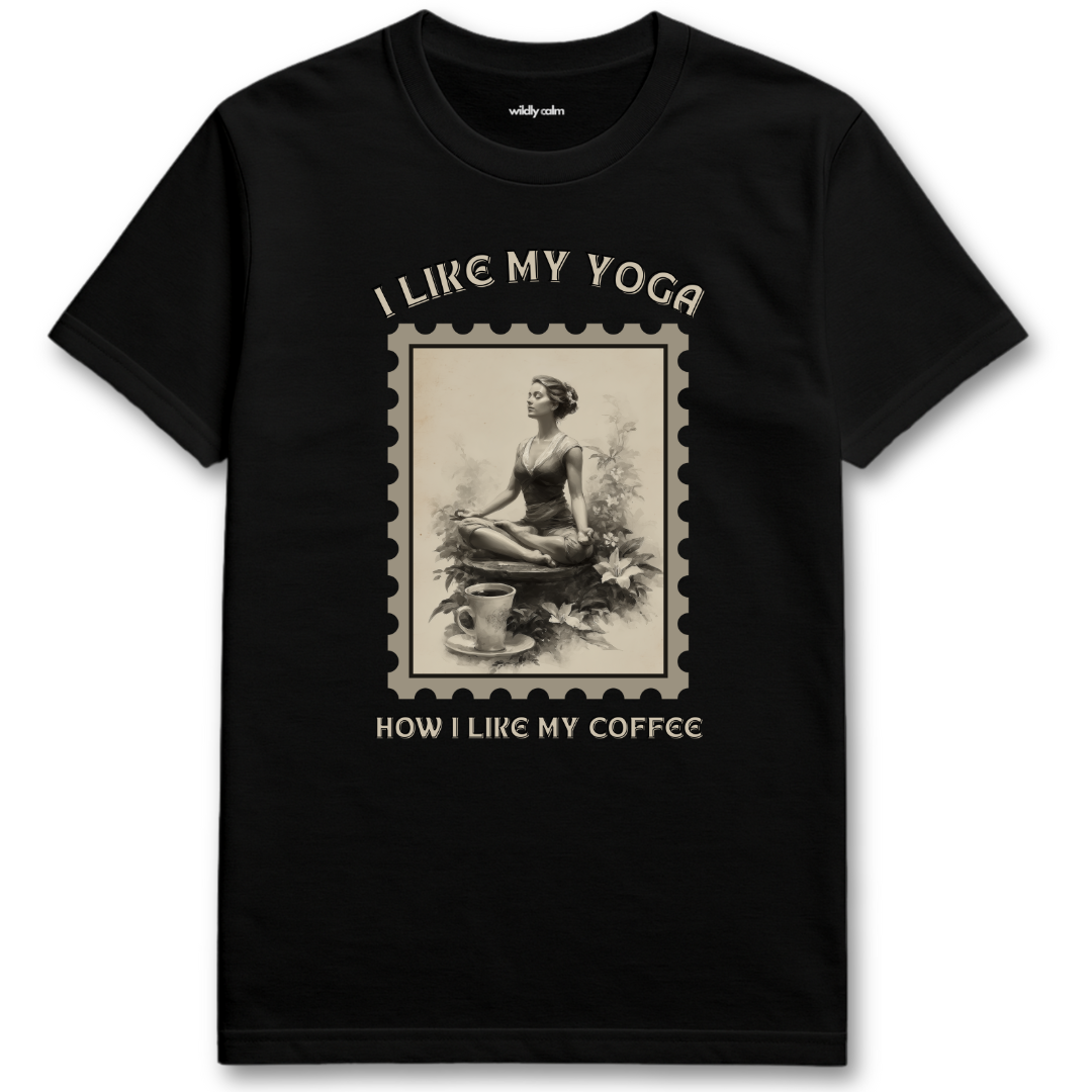 Yoga and Coffee Black yoga t-shirt with a graphic of a woman in a yoga pose and text - Wildly Calm