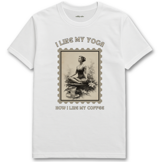 Yoga and Coffee White yoga t-shirt with a graphic of a woman in a yoga pose and text - Wildly Calm